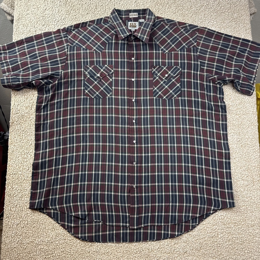 Ely Cattleman Western Button Shirt Mens 3XL Gray Red Plaid Pearl Snap Rodeo